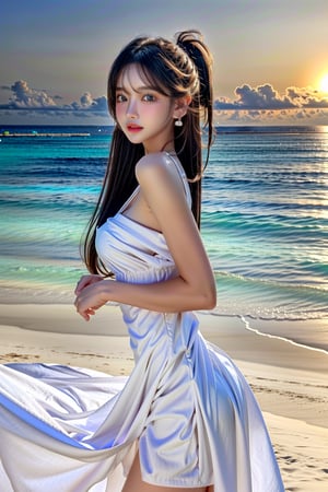 1 girl , solo, Donna, realistic, (HDR:1.4), {beautiful and detailed eyes}, glossy lips, perfect body, lean body, long legs, Glamor body type, delicate facial features, Sexy Pose, ((a girl wearing white dress at Maldives resort)), pony_tail, ear_rings, from_side
