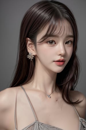 1 girl , solo, Hani, realistic, ((32K CG, UHD, Highly Detail)), (Intricate Detail:1.3), (Highest Quality:1.3), (Masterpiece:1.3), (Surreal:1.3), {beautiful and detailed eyes}, glossy lips, perfect body, lean body, long legs, Glamor body type, delicate facial features, ((a girl wearing grey cotton dress)), happy smile, ear_rings, from_side
