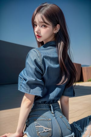 1 girl , solo, Hani, realistic, ((32K CG, UHD, Highly Detail)), (Intricate Detail:1.3), (Highest Quality:1.3), (Masterpiece:1.3), (Surreal:1.3), {beautiful and detailed eyes}, glossy lips, perfect body, lean body, long legs, Glamor body type, delicate facial features, ((a girl wearing denim shirts and short denim skirt)), ear_rings, from_behind