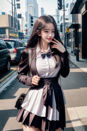 1 girl , solo, Hani, realistic, ((32K CG, UHD, Highly Detail)), (Intricate Detail:1.3), (Highest Quality:1.3), (Masterpiece:1.3), (Surreal:1.3), {beautiful and detailed eyes}, glossy lips, perfect body, lean body, long legs, Glamor body type, sexy pose, ((a girl wearing  school uniform)), on a busy street, happy smile, from_side