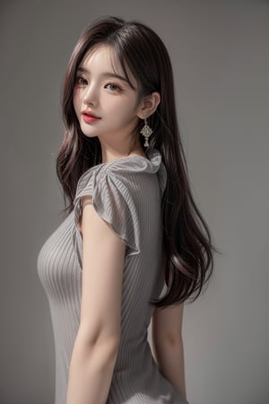 1 girl , solo, Hani, realistic, ((32K CG, UHD, Highly Detail)), (Intricate Detail:1.3), (Highest Quality:1.3), (Masterpiece:1.3), (Surreal:1.3), {beautiful and detailed eyes}, glossy lips, perfect body, lean body, long legs, Glamor body type, delicate facial features, ((a girl wearing grey cotton dress)), happy smile, ear_rings, full_body, from_side