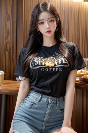 1 girl , solo, Hani, realistic, (HDR:1.4), {beautiful and detailed eyes}, glossy lips, perfect body, lean body, long legs, Glamor body type, delicate facial features, Sexy Pose, ((a girl wearing t-shirts and short jeans in a fancy cafe)), ear_rings, 