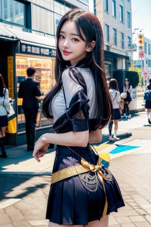 1 girl , solo, Hani, realistic, ((32K CG, UHD, Highly Detail)), (Intricate Detail:1.3), (Highest Quality:1.3), (Masterpiece:1.3), (Surreal:1.3), {beautiful and detailed eyes}, glossy lips, perfect body, lean body, long legs, Glamor body type, sexy pose, ((a girl wearing  school uniform)), on a busy street, happy smile, from_behind