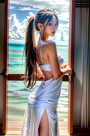 1 girl , solo, Donna, realistic, (HDR:1.4), {beautiful and detailed eyes}, glossy lips, perfect body, lean body, (narrow waist:1.3), long legs, Glamor body type, delicate facial features, Sexy Pose, ((a girl wearing white dress in maldives resort)), pony_tail, ear_rings, from_side