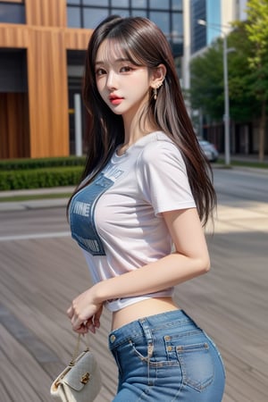 1 girl , solo, Hani, realistic, (HDR:1.4), {beautiful and detailed eyes}, glossy lips, perfect body, lean body, long legs, Glamor body type, delicate facial features, Sexy Pose, ((a girl wearing t-shirts and short jeans)), ear_rings, full_body, from_side