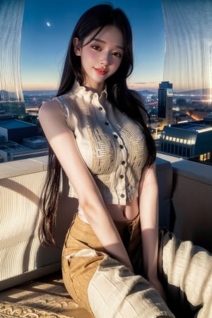 1 girl , solo, Hani, realistic, ((UHD, Highly Detail)), (Intricate Detail:1.3), (Highest Quality:1.3), (Masterpiece:1.3), (Surreal:1.3), {beautiful and detailed eyes}, glossy lips, perfect body, lean body, long legs, Glamor body type, sexy pose, happy smile, ((a girl wearing sleeveless shirts, wide linen pants)), on roof top, night city view, sitting