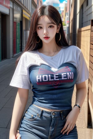 1 girl , solo, Hani, realistic, (HDR:1.4), {beautiful and detailed eyes}, glossy lips, perfect body, lean body, long legs, Glamor body type, delicate facial features, Sexy Pose, ((a girl wearing t-shirts and short jeans)), ear_rings, full_body, 