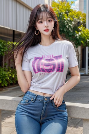 1 girl , solo, Hani, realistic, (HDR:1.4), {beautiful and detailed eyes}, glossy lips, perfect body, lean body, long legs, Glamor body type, delicate facial features, Sexy Pose, ((a girl wearing t-shirts and short jeans)), ear_rings