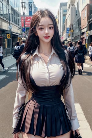 1 girl , solo, Hani, realistic, ((32K CG, UHD, Highly Detail)), (Intricate Detail:1.3), (Highest Quality:1.3), (Masterpiece:1.3), (Surreal:1.3), {beautiful and detailed eyes}, glossy lips, perfect body, lean body, long legs, Glamor body type, sexy pose, ((a girl wearing  school uniform)), on a busy street, happy smile, 