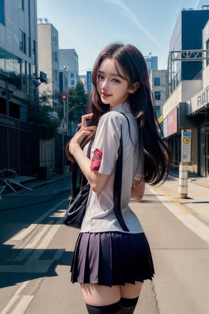 1 girl , solo, Hani, realistic, ((32K CG, UHD, Highly Detail)), (Intricate Detail:1.3), (Highest Quality:1.3), (Masterpiece:1.3), (Surreal:1.3), {beautiful and detailed eyes}, glossy lips, perfect body, lean body, long legs, Glamor body type, sexy pose, ((a girl wearing  school uniform)), on a busy street, happy smile, from_behind