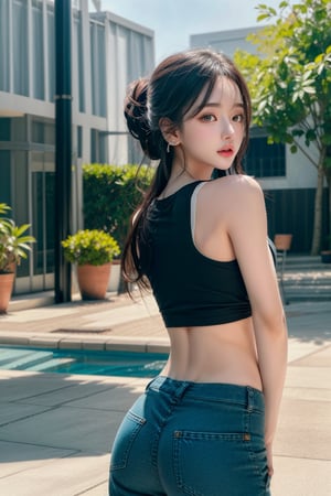 1 girl , solo, Hani, realistic, ((32K CG, UHD, Highly Detail)), (Intricate Detail:1.3), (Highest Quality:1.3), (Masterpiece:1.3), (Surreal:1.3), {beautiful and detailed eyes}, glossy lips, perfect body, lean body, long legs, Glamor body type, delicate facial features, ((a girl wearing fashionable tank top and baggy pants)), ear_rings, from_behind