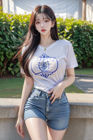 1 girl , solo, Hani, realistic, (HDR:1.4), {beautiful and detailed eyes}, glossy lips, perfect body, lean body, long legs, Glamor body type, delicate facial features, Sexy Pose, ((a girl wearing t-shirts and short jeans)), ear_rings,