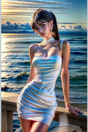 1 girl , solo, Donna, realistic, (HDR:1.4), {beautiful and detailed eyes}, glossy lips, perfect body, lean body, (narrow waist:1.3), long legs, Glamor body type, delicate facial features, Sexy Pose, ((a girl wearing white dress in crystal clear ocean)), pony_tail, ear_rings