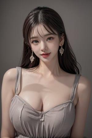 1 girl , solo, Hani, realistic, ((32K CG, UHD, Highly Detail)), (Intricate Detail:1.3), (Highest Quality:1.3), (Masterpiece:1.3), (Surreal:1.3), {beautiful and detailed eyes}, glossy lips, perfect body, lean body, long legs, Glamor body type, delicate facial features, ((a girl wearing grey cotton dress)), happy smile, ear_rings, full_body