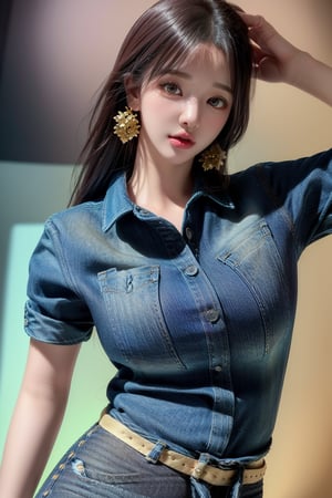 1 girl , solo, Hani, realistic, ((32K CG, UHD, Highly Detail)), (Intricate Detail:1.3), (Highest Quality:1.3), (Masterpiece:1.3), (Surreal:1.3), {beautiful and detailed eyes}, glossy lips, perfect body, lean body, long legs, Glamor body type, delicate facial features, ((a girl wearing denim shirts and short denim skirt)), ear_rings