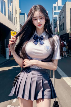 1 girl , solo, Hani, realistic, ((32K CG, UHD, Highly Detail)), (Intricate Detail:1.3), (Highest Quality:1.3), (Masterpiece:1.3), (Surreal:1.3), {beautiful and detailed eyes}, glossy lips, perfect body, lean body, long legs, Glamor body type, sexy pose, ((a girl wearing  school uniform)), on a busy street, happy smile, 