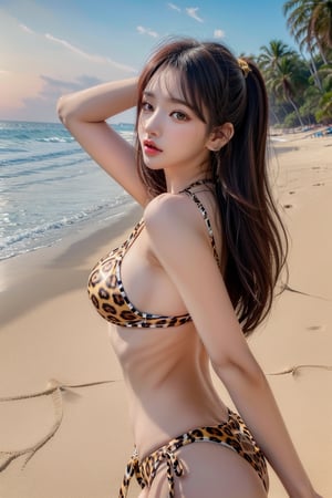 1 girl , solo, Hani, realistic, ((32K CG, UHD, Highly Detail)), (Intricate Detail:1.3), (Highest Quality:1.3), (Masterpiece:1.3), (Surreal:1.3), {beautiful and detailed eyes}, glossy lips, perfect body, lean body, long legs, Glamor body type, delicate facial features, dynamic Pose, ((a girl wearing leopard patterned side_tie_bikini, on the sunny beach)), ear_rings, from_side