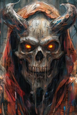 Masterpiece, graffiti artwork, halloween theme, a graffiti drawing of a hooded demon with skull head and glowing yellow eyes that express danger. Skull has two demonic horns one of which is broken off. Whole imagine has a depressing and gloomy atmosphere by ZloyOrk style, high quality, 8K resolution.