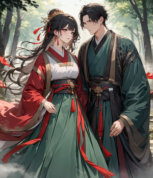 (masterpiece, high quality, 8K resolution, ultra detailed),A couple, a tall and handsome man, wearing an ancient black Hanfu, a beautiful woman with charming makeup, smoky eye shadow, black hair, depth of field, Hanbok, long sleeves, best quality, SFW, fog magic forest, Dunhuang