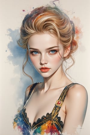 A beautiful European beauty with a tall, sexy, and well-proportioned figure, dressed in fashionable clothes with a stylish, aristocratic feel that is both casual and elegant. The artwork features a detailed, realistic depiction in watercolor and gouache, showcasing a lifelike quality and masterpiece status. The 128K resolution captures colored light wavelengths, attractive reflections, and a fine gouache sketch in the center. The modern art style highlights the beauty's allure and sophistication.