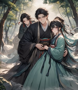 (masterpiece, high quality, 8K resolution, ultra detailed),A couple, a tall and handsome man, wearing an ancient black Hanfu, a beautiful woman with charming makeup, smoky eye shadow, black hair, depth of field, Hanbok, long sleeves, best quality, SFW, fog magic forest, Dunhuang