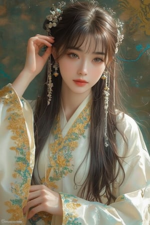 Ultra-detailed and ultra-realistic portrait, a beautiful Japanese girl with long wavy black hair and dull bangs. She wears traditional Chinese Hanfu in white, yellow and green earth tones, and her arms are decorated with colorful and complex geometric patterns and decorative embroidery. Her almond-shaped black eyes and long eyelashes are bright and charming. The scene is framed in the style of aw0k joy, perfectly imitated by TaisaSDXL, dal, ct-identityV2. Shot at the height of the eyes, the composition highlights the complex textiles and her charming expression.,Yayun Danqing,Pale cyan costumes