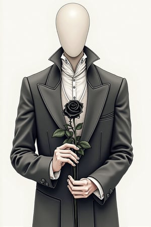 Nbaroque artistic style. Faceless portrait, transparent watercolor painting. Straight suit, male chest, slender and beautiful hands, holding a black rose, focusing on the rose