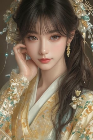 Ultra-detailed and ultra-realistic portrait, a beautiful Japanese girl with long wavy black hair and dull bangs. She wears traditional Chinese Hanfu in white, yellow and green earth tones, and her arms are decorated with colorful and complex geometric patterns and decorative embroidery. Her almond-shaped black eyes and long eyelashes are bright and charming. The scene is framed in the style of aw0k joy, perfectly imitated by TaisaSDXL, dal, ct-identityV2. Shot at the height of the eyes, the composition highlights the complex textiles and her charming expression.,Yayun Danqing,Pale cyan costumes