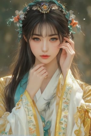 Ultra-detailed and ultra-realistic portrait, a beautiful Japanese girl with long wavy black hair and dull bangs. She wears traditional Chinese Hanfu in white, yellow and green earth tones, and her arms are decorated with colorful and complex geometric patterns and decorative embroidery. Her almond-shaped black eyes and long eyelashes are bright and charming. The scene is framed in the style of aw0k joy, perfectly imitated by TaisaSDXL, dal, ct-identityV2. Shot at the height of the eyes, the composition highlights the complex textiles and her charming expression.,Yayun Danqing,Pale cyan costumes