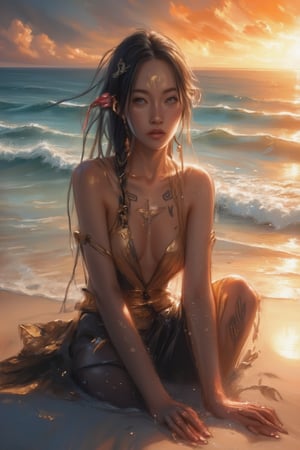 Score_9, sccore_8, Score_7, woman with Nordic clothing, accessories and earrings in her hair and face, traditional painting and ceremonial tattoos, sitting on the sand watching the sunset on the beach, noon, sea, ocean, a few drops of rain, anime style,VNS_Genshin Impact, perfect body, 