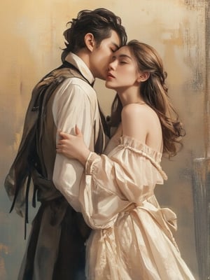 A couple,A man and a woman, fashionable posture,hug,kiss, beautiful Asian beauties and handsome men,with a tall, sexy, and well-proportioned figure, dressed in fashionable clothes with a stylish, aristocratic feel that is both casual and elegant. The artwork features a detailed, realistic depiction in watercolor and gouache, showcasing a lifelike quality and masterpiece status. The 128K resolution captures colored light wavelengths, attractive reflections, and a fine gouache sketch in the center. The modern art style highlights the beauty's allure and sophistication.,3d render,(masterpiece:1.3), (8k, photorealistic, RAW photo, best quality: 1.4), (1girl), beautiful face, (realistic face), beautiful hairstyle, realistic eyes, beautiful detailed eyes, (realistic skin), beautiful skin, clean skin, ultra high res, ultra realistic, hightly detailed, golden ratio,dal,dal, K_GIRL