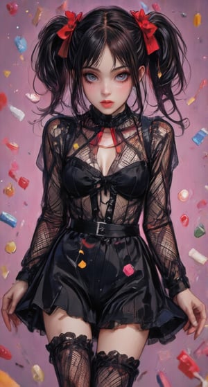 An eye-catching full-body portrait of a young woman with a strong and sweet gaze. In a dreamy environment, she was surrounded by colorful Lacasito candy. The color palette features soft tones of pink purple and dark purple, creating a whimsical and surreal atmosphere. The woman's expression conveys the fusion of warmth and conspiracy, while the candy adds a playful and energetic touch to the composition. Wearing a black Lolita costume, she jumps up. The skirt was lifted.
