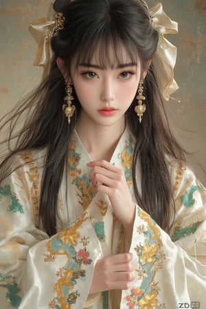 Ultra-detailed and ultra-realistic portrait, a beautiful Japanese girl with long wavy black hair and dull bangs. She wears traditional Chinese Hanfu in white, yellow and green earth tones, and her arms are decorated with colorful and complex geometric patterns and decorative embroidery. Her almond-shaped black eyes and long eyelashes are bright and charming. The scene is framed in the style of aw0k joy, perfectly imitated by TaisaSDXL, dal, ct-identityV2. Shot at the height of the eyes, the composition highlights the complex textiles and her charming expression.,Yayun Danqing,Pale cyan costumes