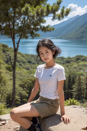 RAW photo,  best quality,  photo realistic,  master piece,  1girl,  solo,  Korean girl,  12 years old,  cute,  innocent look,
(((little girl’s body))),  (((petite body))),  small breasts,  flat_chest,  slim body,

Sideview, dreamy face, little smile,

Hiking on a dirt trail,  
Sitting on the ground,
Short black hair,  messy hair,  
fully dressed, 
Wearing plain white slim t-shirt,
Brown short Khaki shorts,  
Very short shorts,
White low ankle socks,  
Brown hiking boots,  

On high Mountain,  Mountains  in the background,  Blue sky,  white cloud, 
Pine tree,  trees,  lake,
Extremely Realistic, AIDA_LoRA_valenss,AIDA_LoRA_valenss