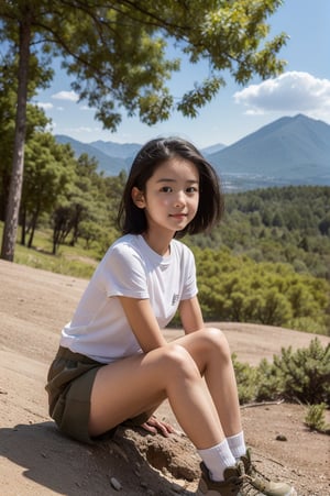 RAW photo,  best quality,  photo realistic,  master piece,  1girl,  solo,  Korean girl,  12 years old,  cute,  innocent look,
(((little girl’s body))),  (((petite body))),  small breasts,  flat_chest,  slim body,

Sideview, dreamy face, little smile,

Hiking on a dirt trail,  
Leaning on a tree,

Short black hair,  messy hair,  
fully dressed, 
Wearing plain white tight fit t-shirt,
Brown short Khaki shorts,  
Very short shorts,
White low ankle socks,  
Brown hiking boots,  

On high Mountain,  Mountains  in the background,  Blue sky,  white cloud, 
Pine tree,  trees,  lake,
Extremely Realistic, AIDA_LoRA_valenss,AIDA_LoRA_valenss