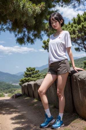 RAW photo,  best quality,  photo realistic,  master piece,  1girl,  solo,  Korean girl,  12 years old,  cute,  innocent look,
(((little girl’s body))),  (((petite body))),  small breasts,  flat_chest,  slim body,  [[[Nipples]]],  [pokey nipples],  [pokies], 

Front view, looking at viewer,
little smile, shy, blush, 

Hiking on a dirt trail,  standing,

Short black hair,  messy hair,  
fully dressed, 
Wearing  white long t-shirt,
Brown short Khaki shorts,  
Very short shorts,

White short ankle socks,  
Brown hiking boots,  

On high Mountain,  Mountains  in the background,  Blue sky,  white cloud, 
Overcast, muted color,
Pine tree,  trees,  Lake, 
Extremely Realistic,Raw Photo