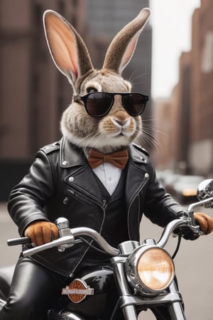 Anthropomorphic rabbit, wearing leather jacket and stylish sunglasses, riding a harley davidson 