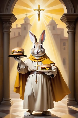 Anthropomorphic rabbit dressed as Saint Francis of Assisi, holding takeaway coffee in one paw and a cheeseburger in the other paw,style of a renaissance painting, golden halo behind rabbit's head, rays of golden light shining on cheeseburger 