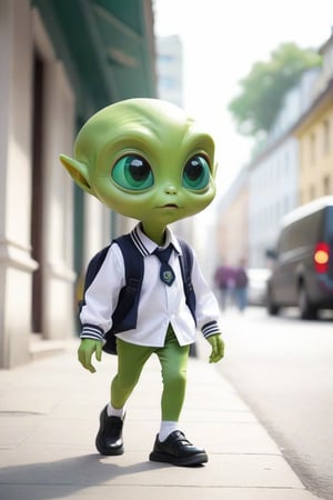 Adorable little green alien walking down public street, wearing a school uniform 
