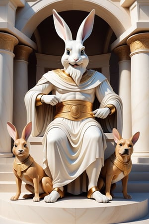 Anthropomorphic rabbit dressed like a greek God petting a triple headed dog, mount olympus, 
