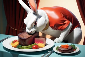 Anthropomorphic rabbit eating a colossal steak

