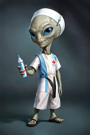 Adorable little alien holding a syringe, wearing a nurse uniform,Paul1024,ALIEN,Nurse suit