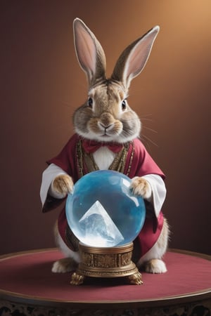 Anthropomorphic rabbit, dressed as a fortune teller, looking into Crystal ball