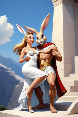 Anthropomorphic rabbit dressed like a greek God seducing a human woman, mount olympus, 
