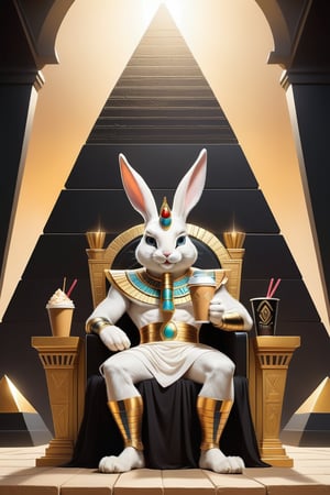 Anthropomorphic rabbit dressed as an Egyptian god holding takeaway coffee in paw sitting on throne, in front of a black shining pyramid 