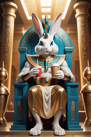 Anthropomorphic rabbit dressed as an Egyptian god holding takeaway coffee in paw sitting on throne, Egyptian throne room