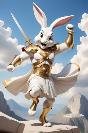 Anthropomorphic rabbit dressed like a greek God, mount olympus, fighting a monster
