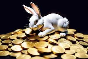 Anthropomorphic rabbit playing in a pile of gold coins 