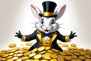 Anthropomorphic rabbit playing in a pile of gold coins,wearing a top hat and monocle 