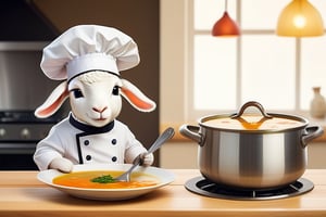 Anthropomorphic lamb wearing a chef hat cooking soup